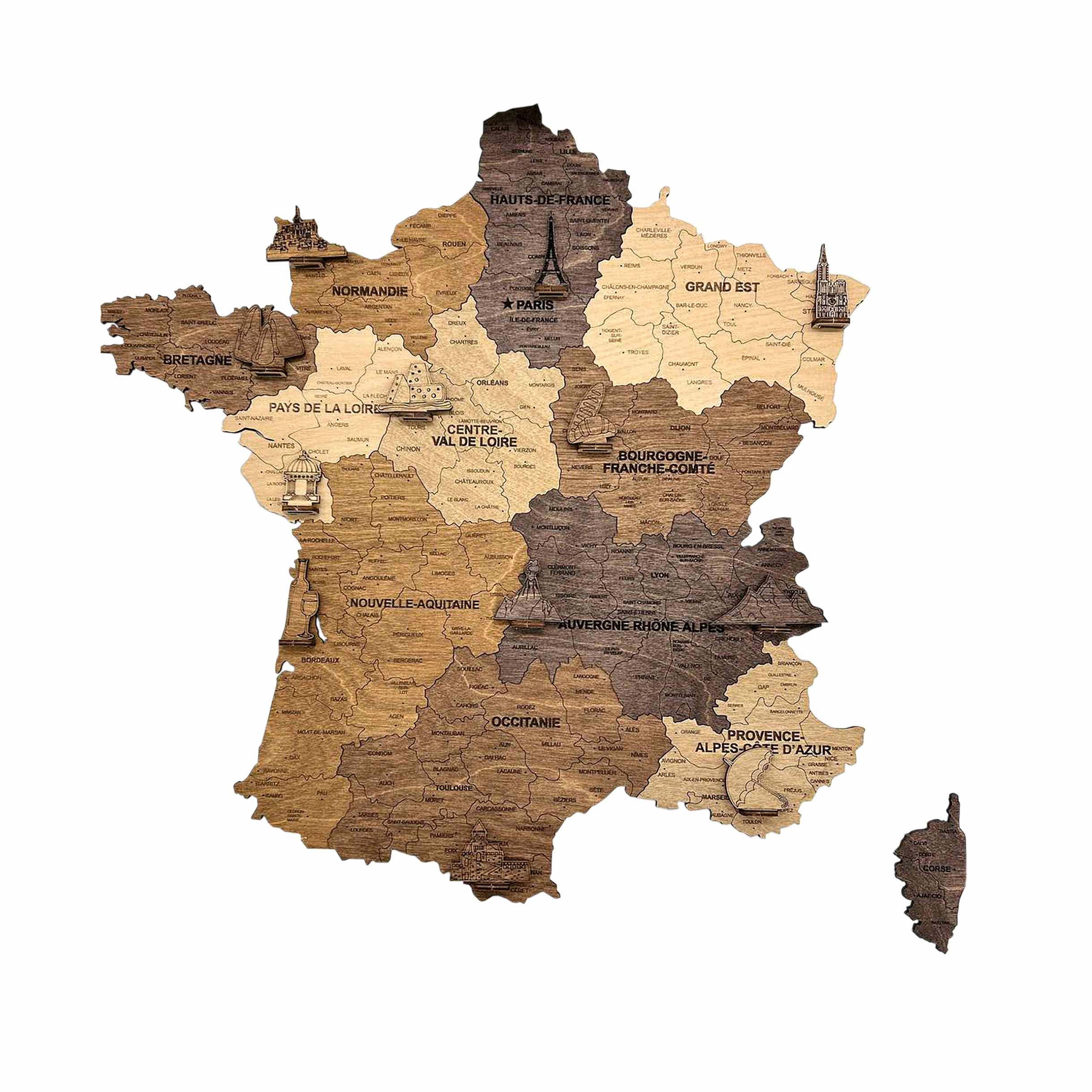 2D Multicolor wooden map of France