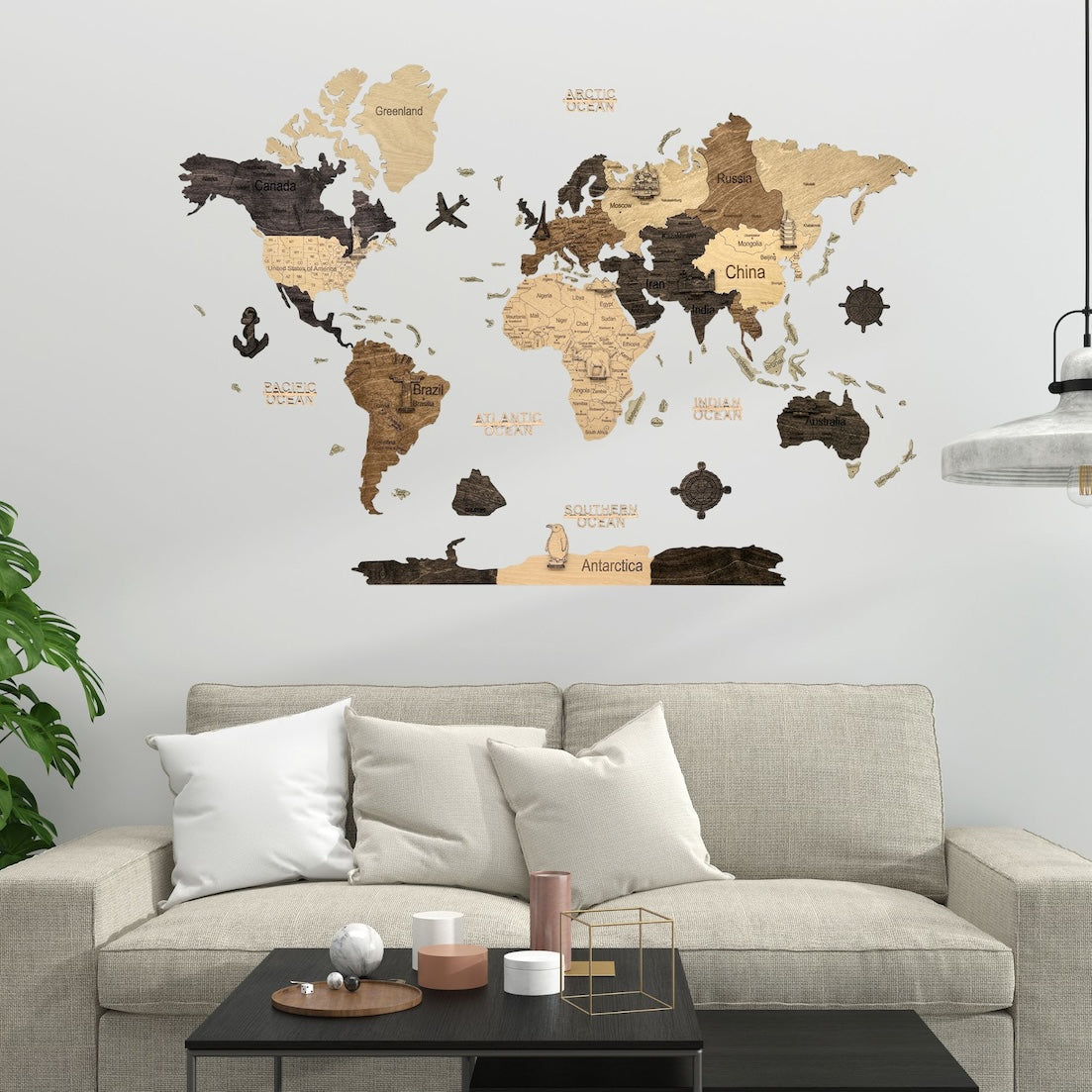 2D Multicolor Wooden World Map