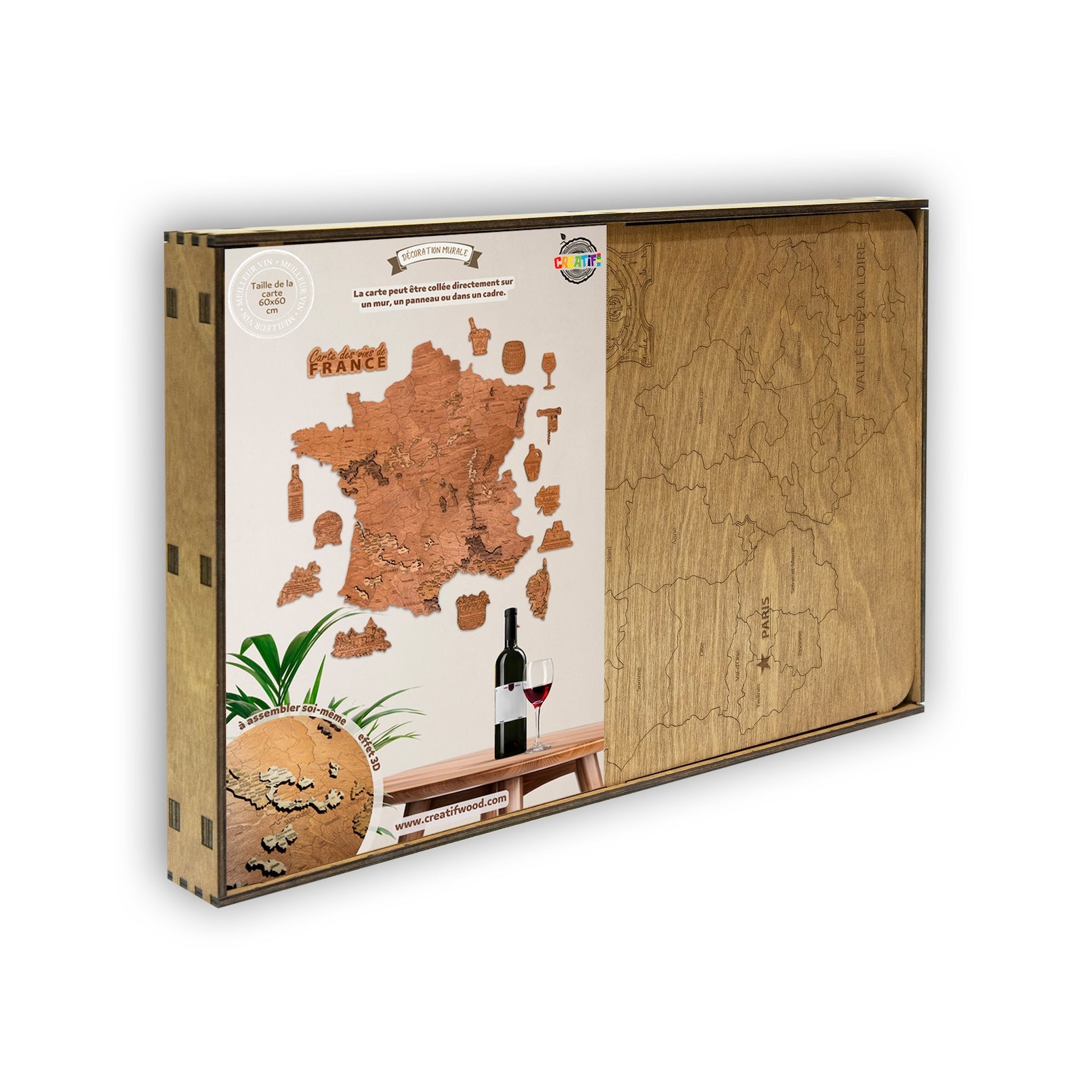 Wooden wine map of France ( 58*58 cm)