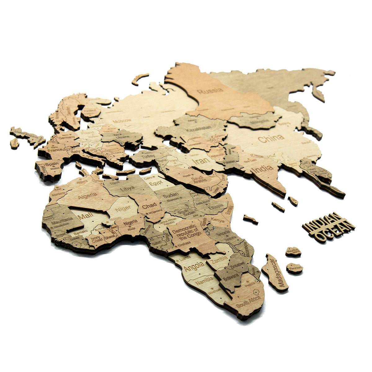 Carte du monde en bois 3D Claire