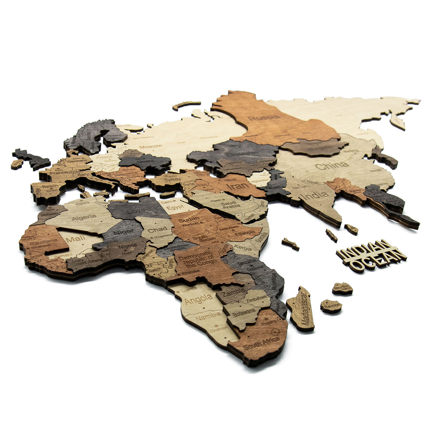Carte du monde en bois 3D, finition multicolore