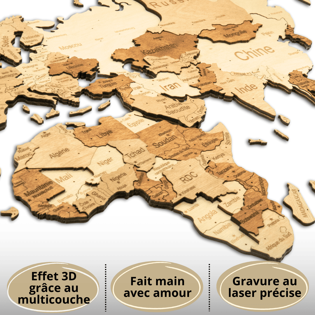 3D Wooden World Map Amber