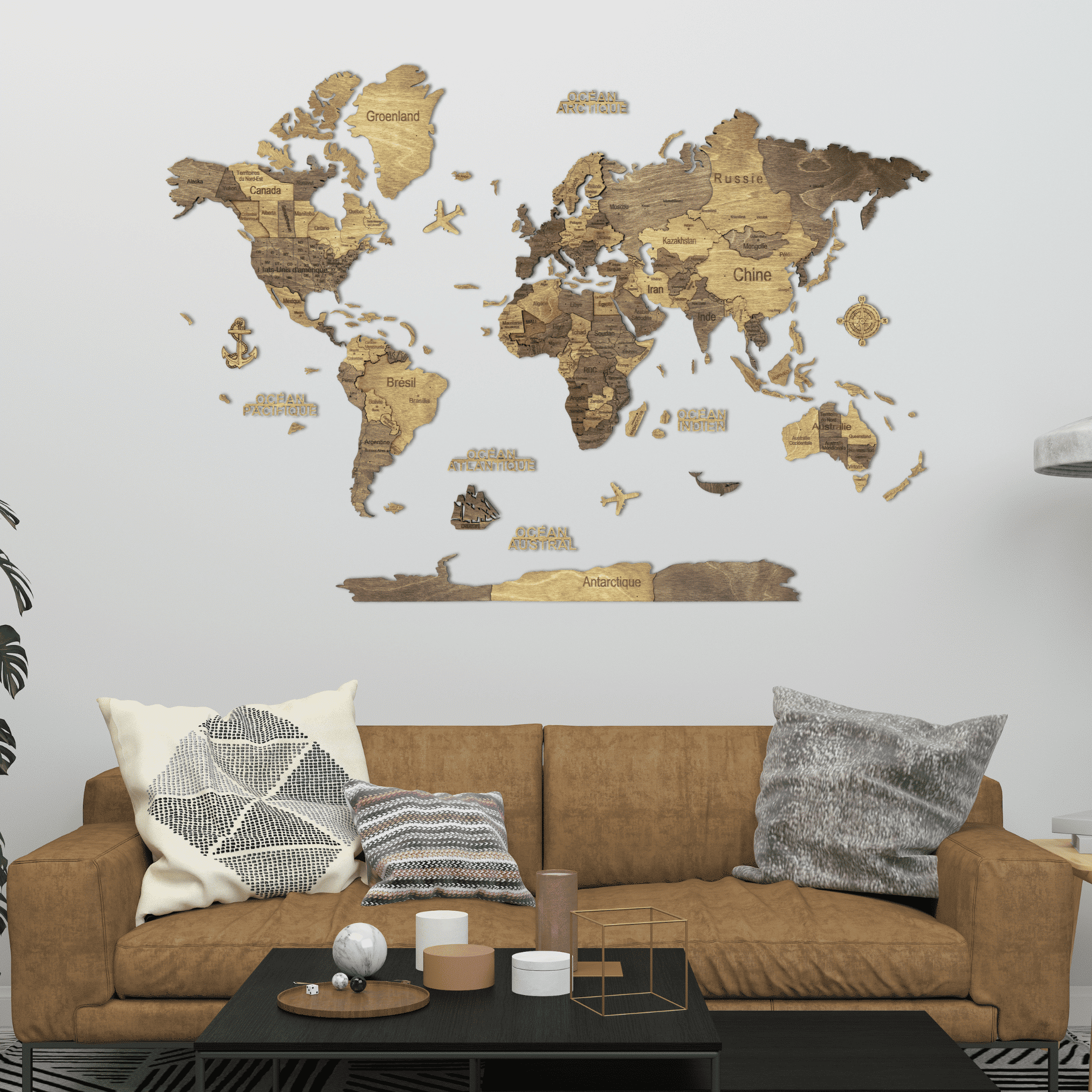 3D Wooden World Map Chocolate