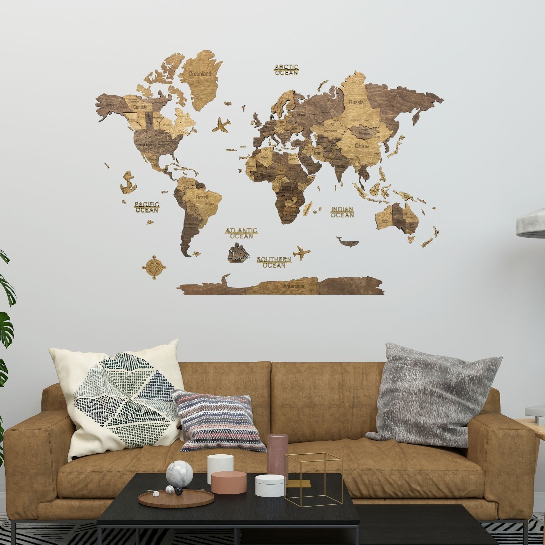3D Wooden World Map Chocolate
