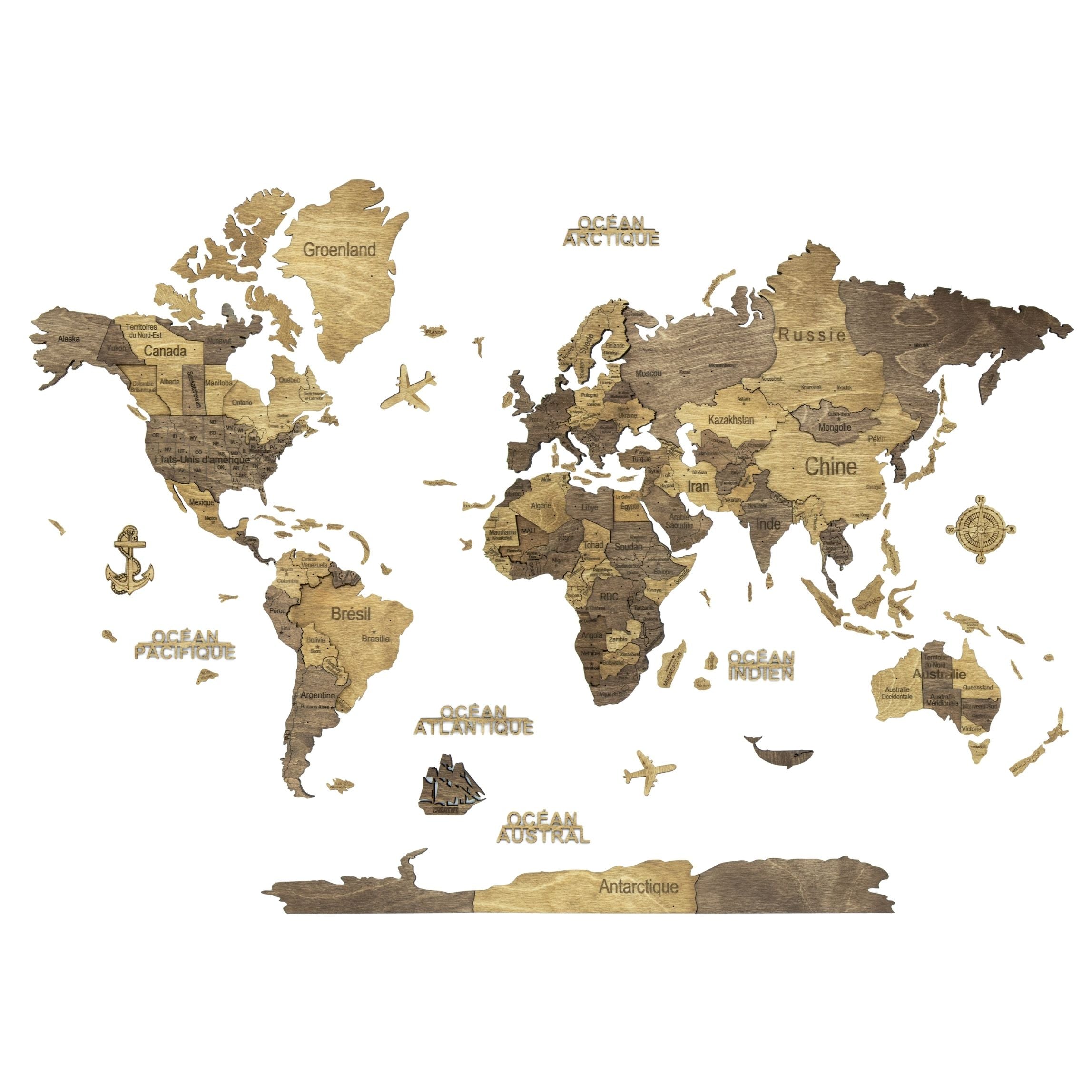 3D Wooden World Map Chocolate