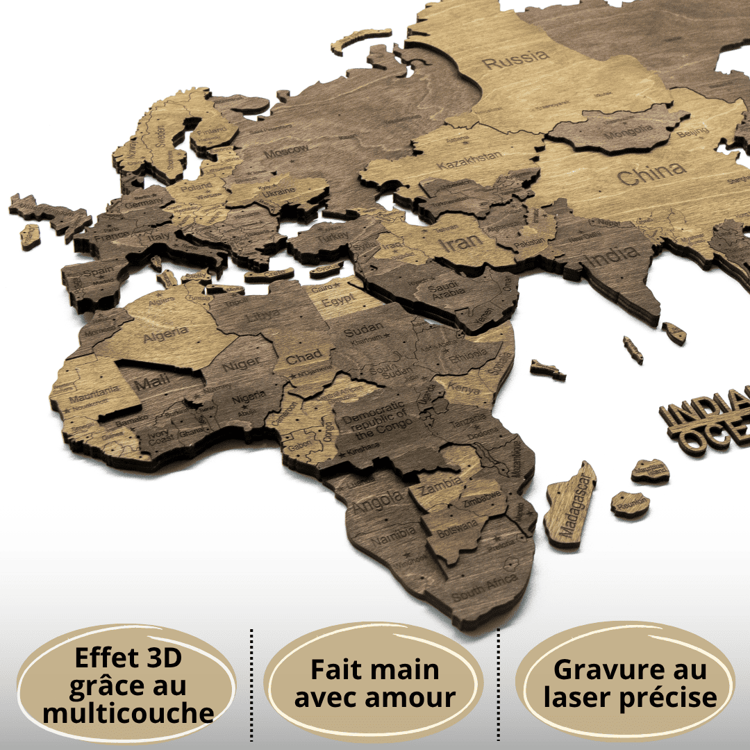 3D Wooden World Map Chocolate