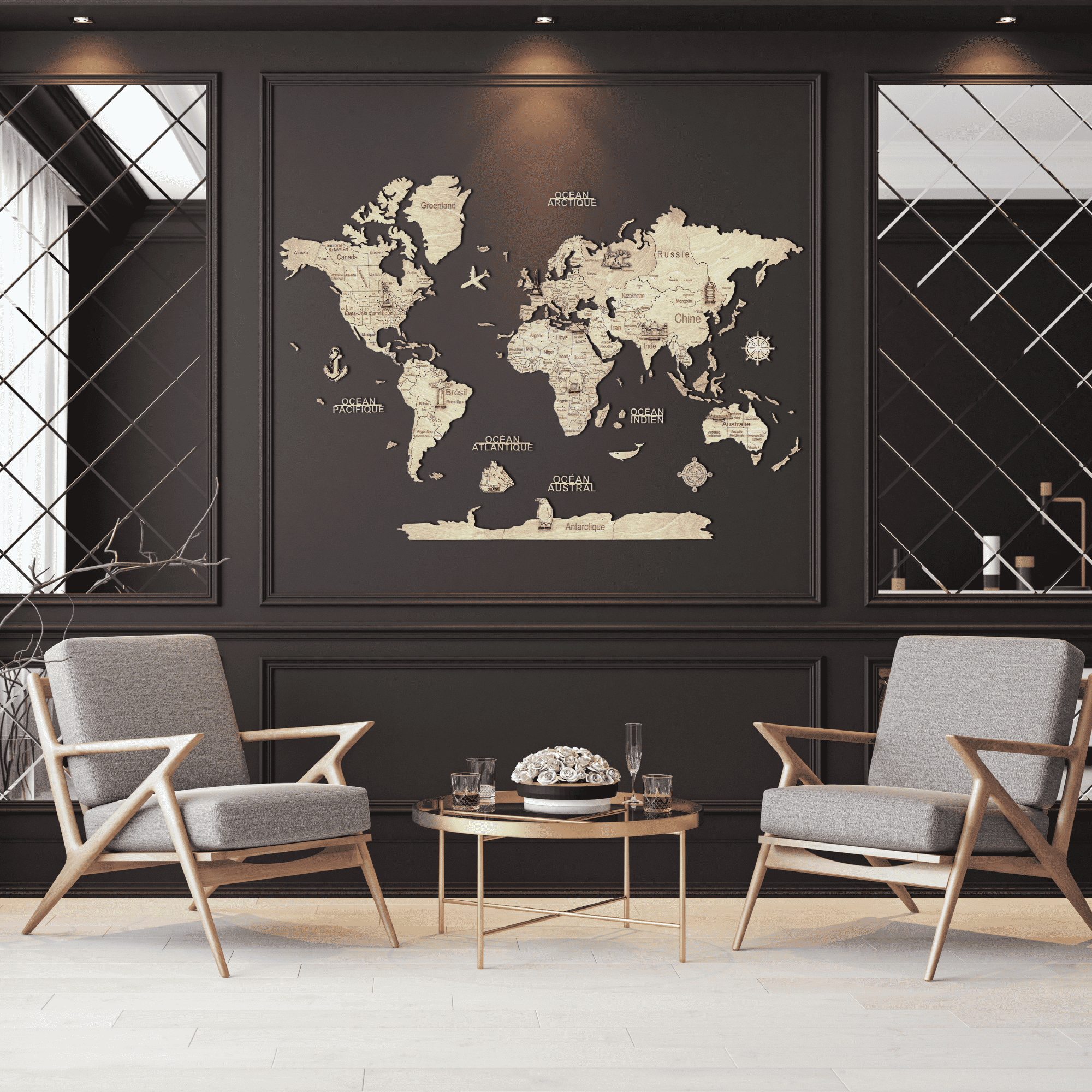 2D wooden world map Light