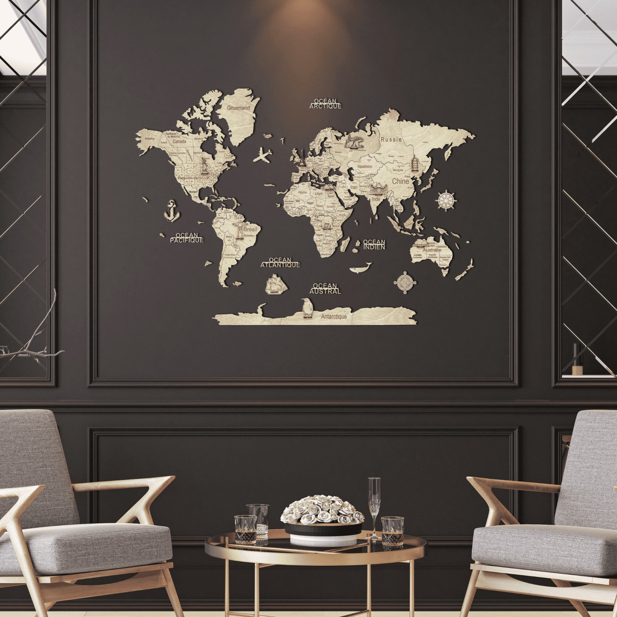 2D wooden world map Light