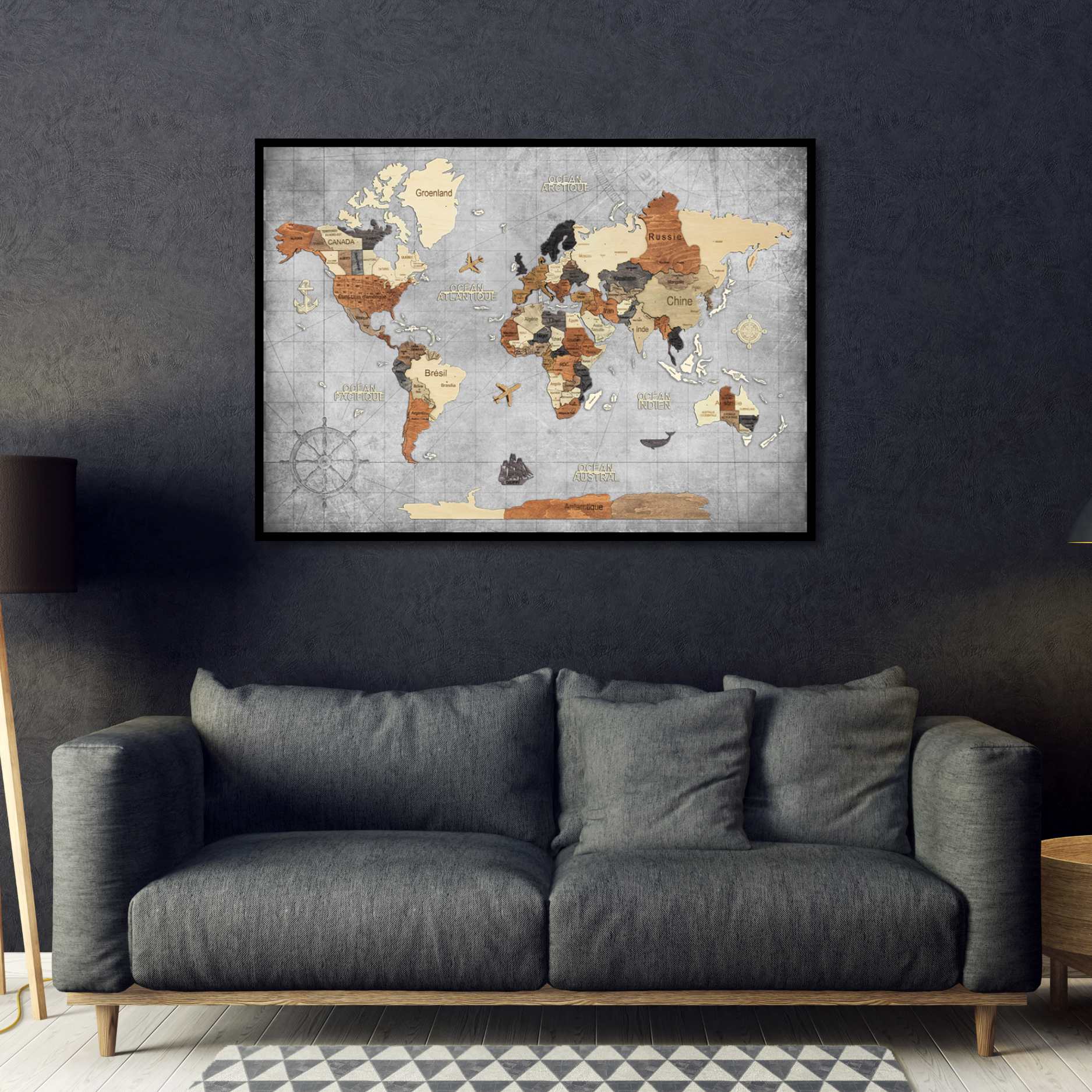 3D Wooden World Map Multicolor – Framed Panel