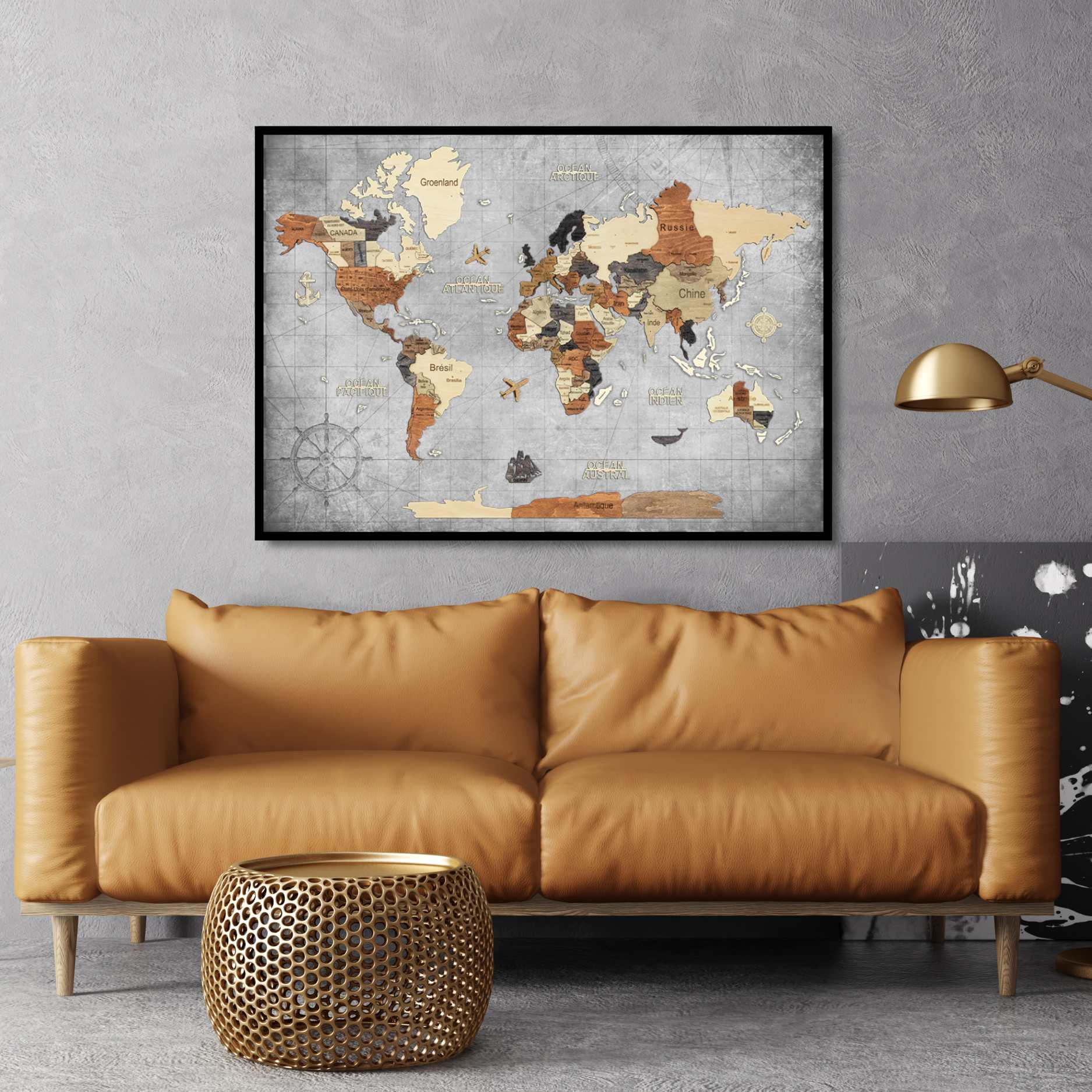 3D Wooden World Map Multicolor – Framed Panel