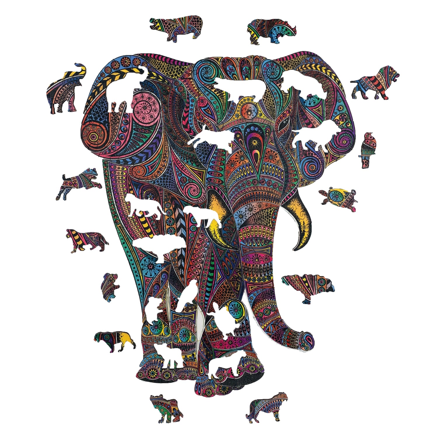 Colorful elephant wooden puzzle with smaller animals on a white background