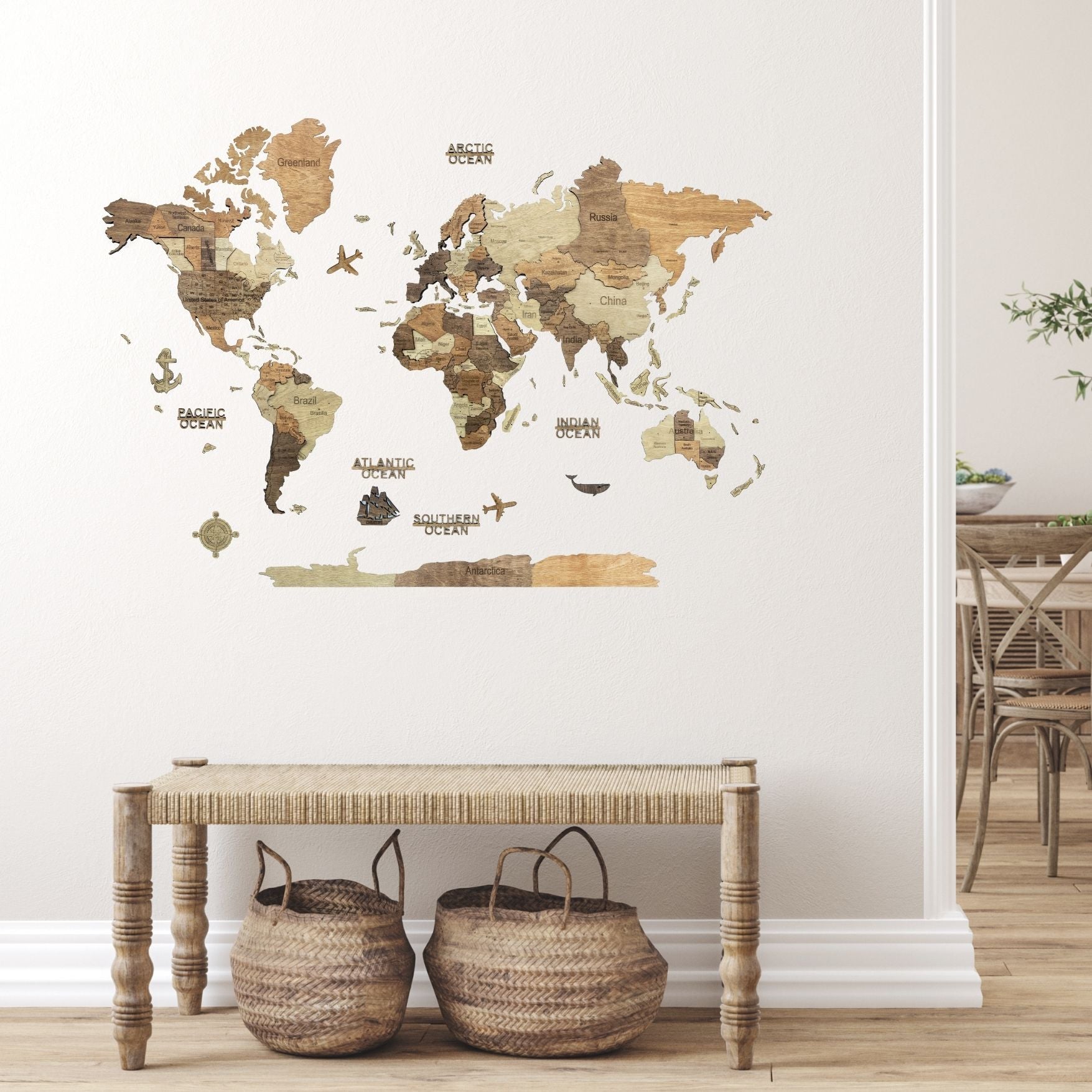 3D Wooden World Map Dark