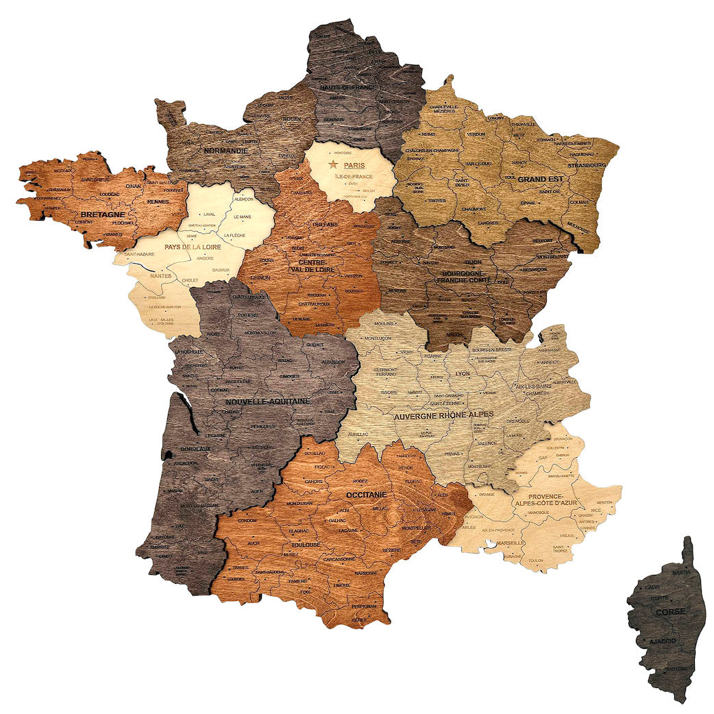 Multicolor 3D wooden map of France