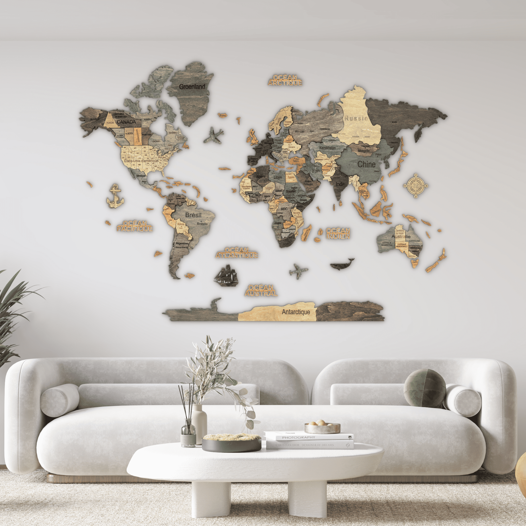 3D Wooden World Map Graphite