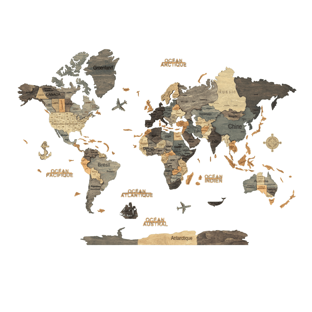 3D Wooden World Map Graphite