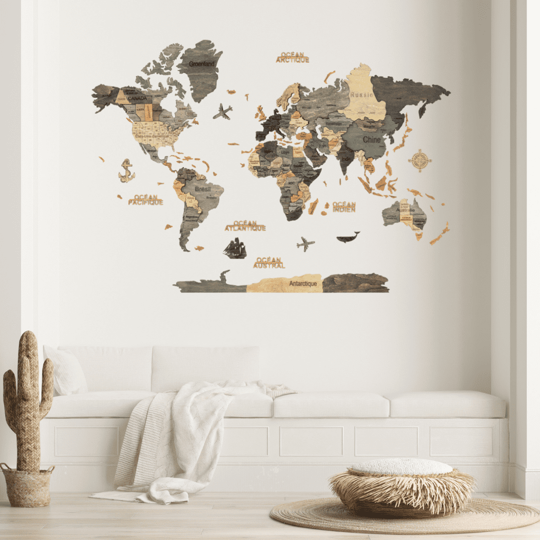 3D Wooden World Map Graphite