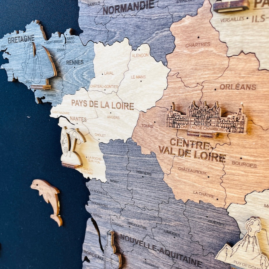 2D Multicolor wooden map of France