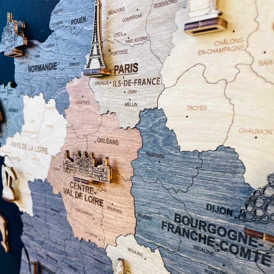 2D Multicolor wooden map of France
