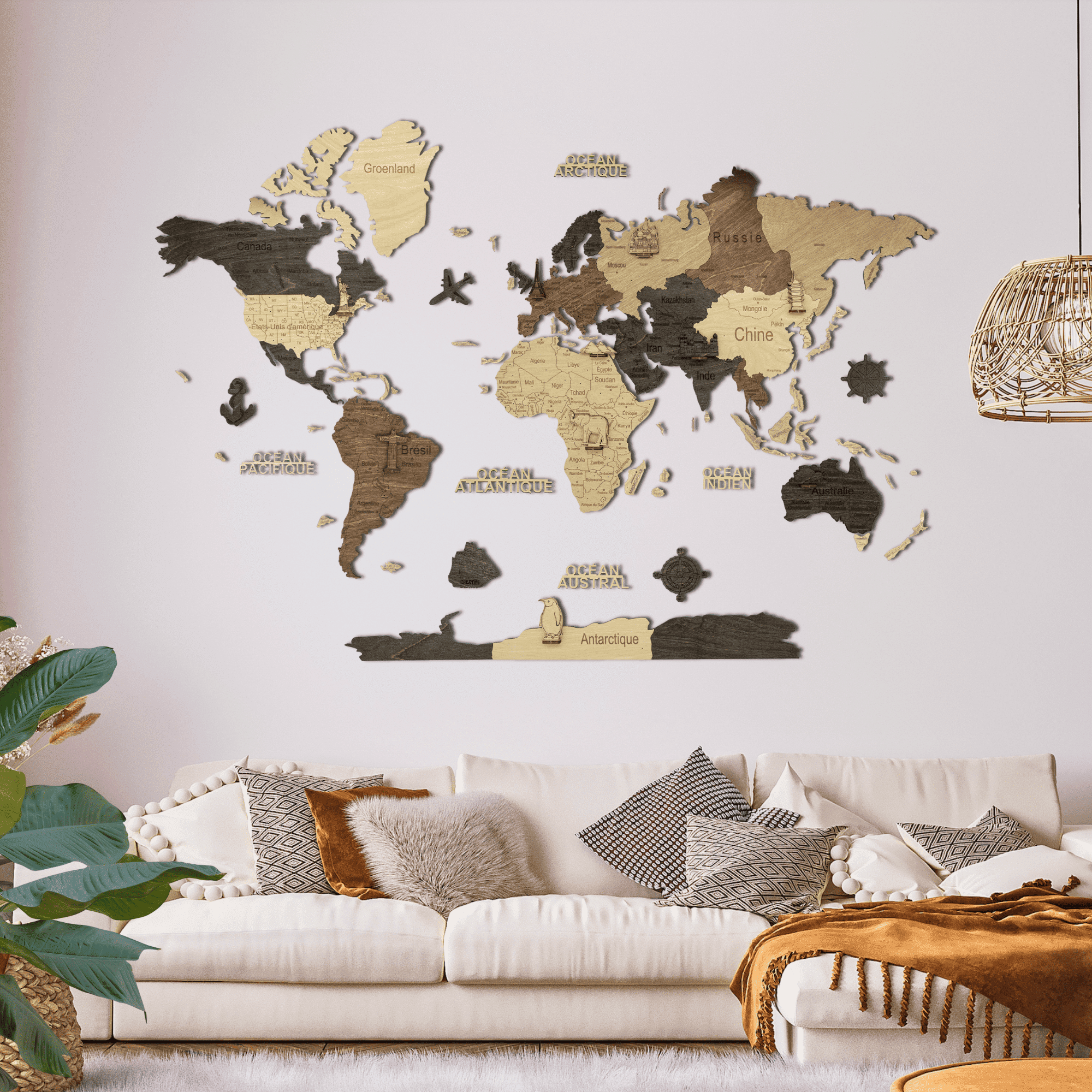 2D Multicolor wooden world map