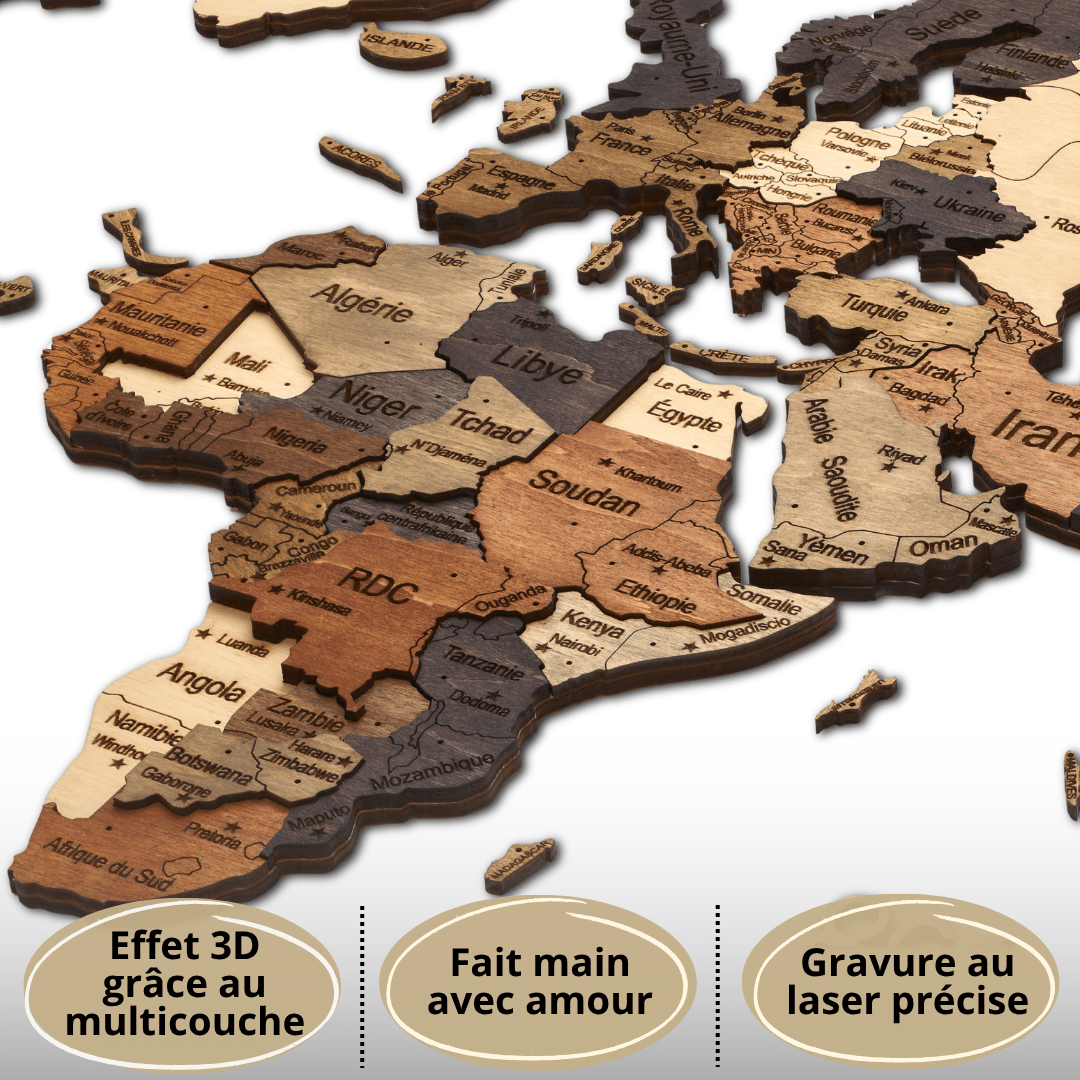 3D wooden world map Multicolor