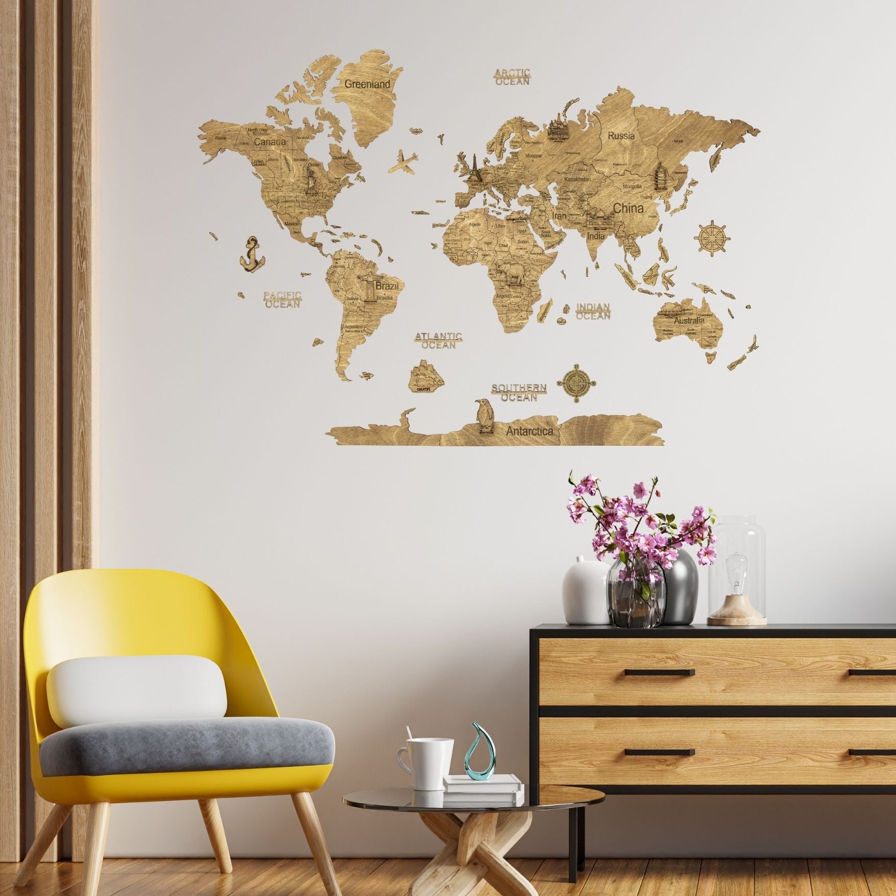 2D Wooden World Map Dark