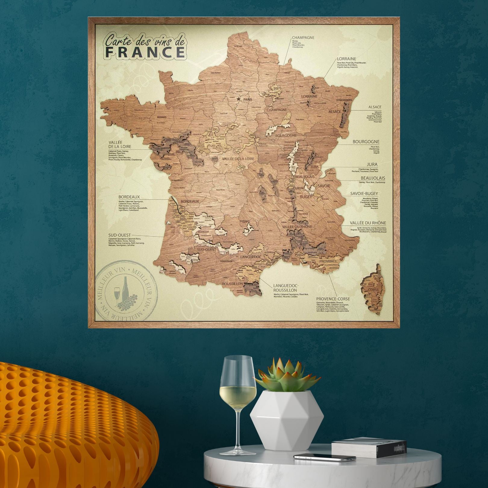 Tableau Carte des vins de France sur panneau beige