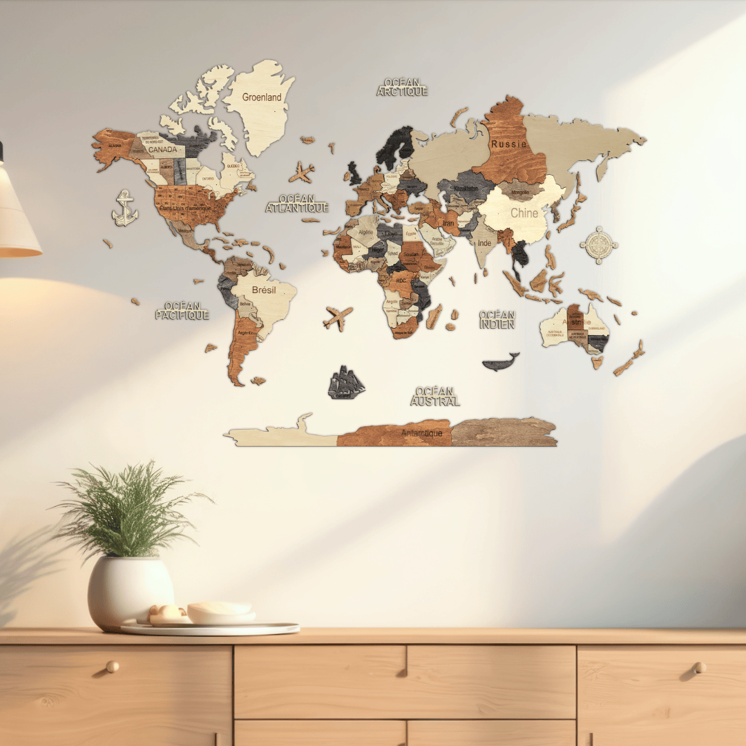3D Wooden World Map Multicolor