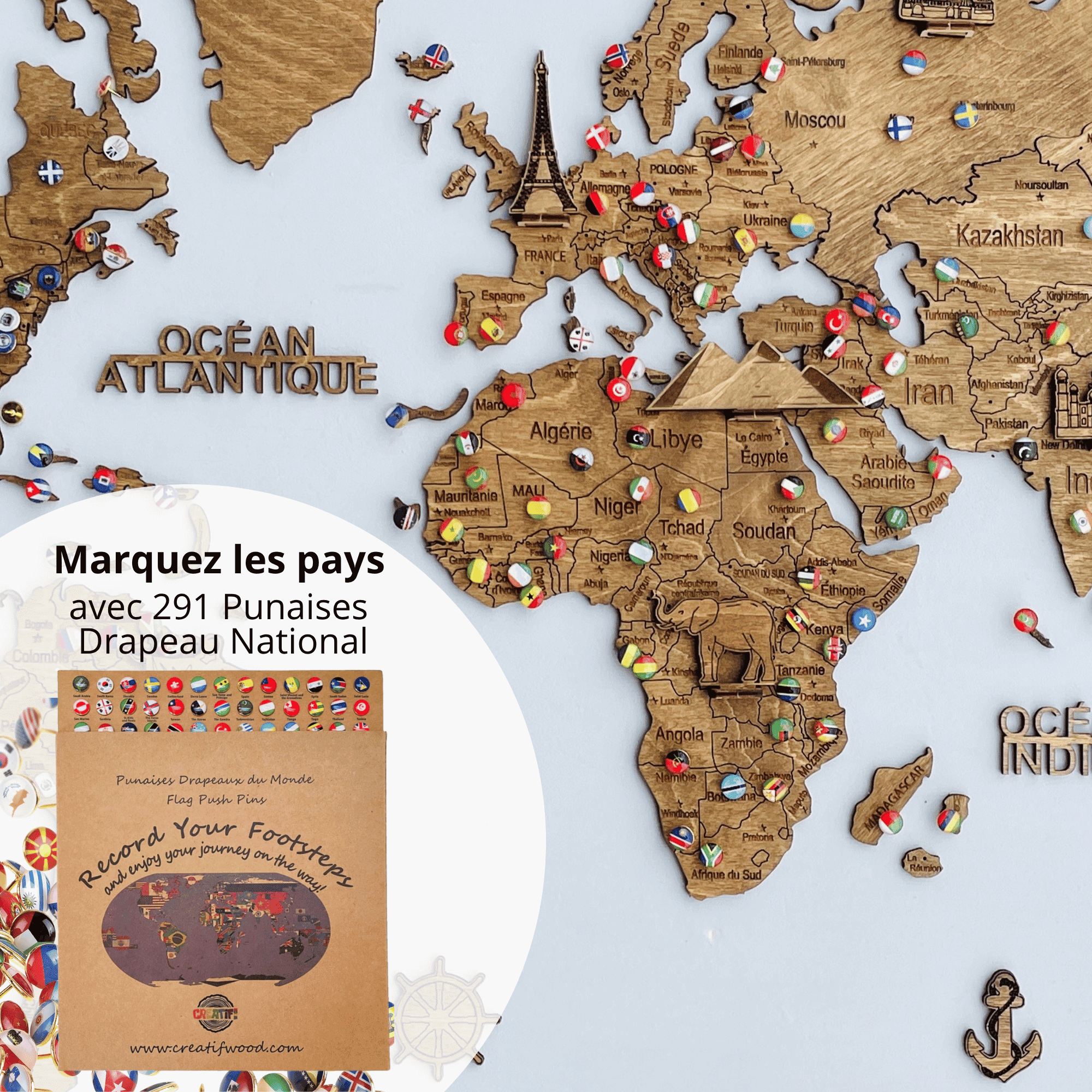 2D Multicolor wooden world map
