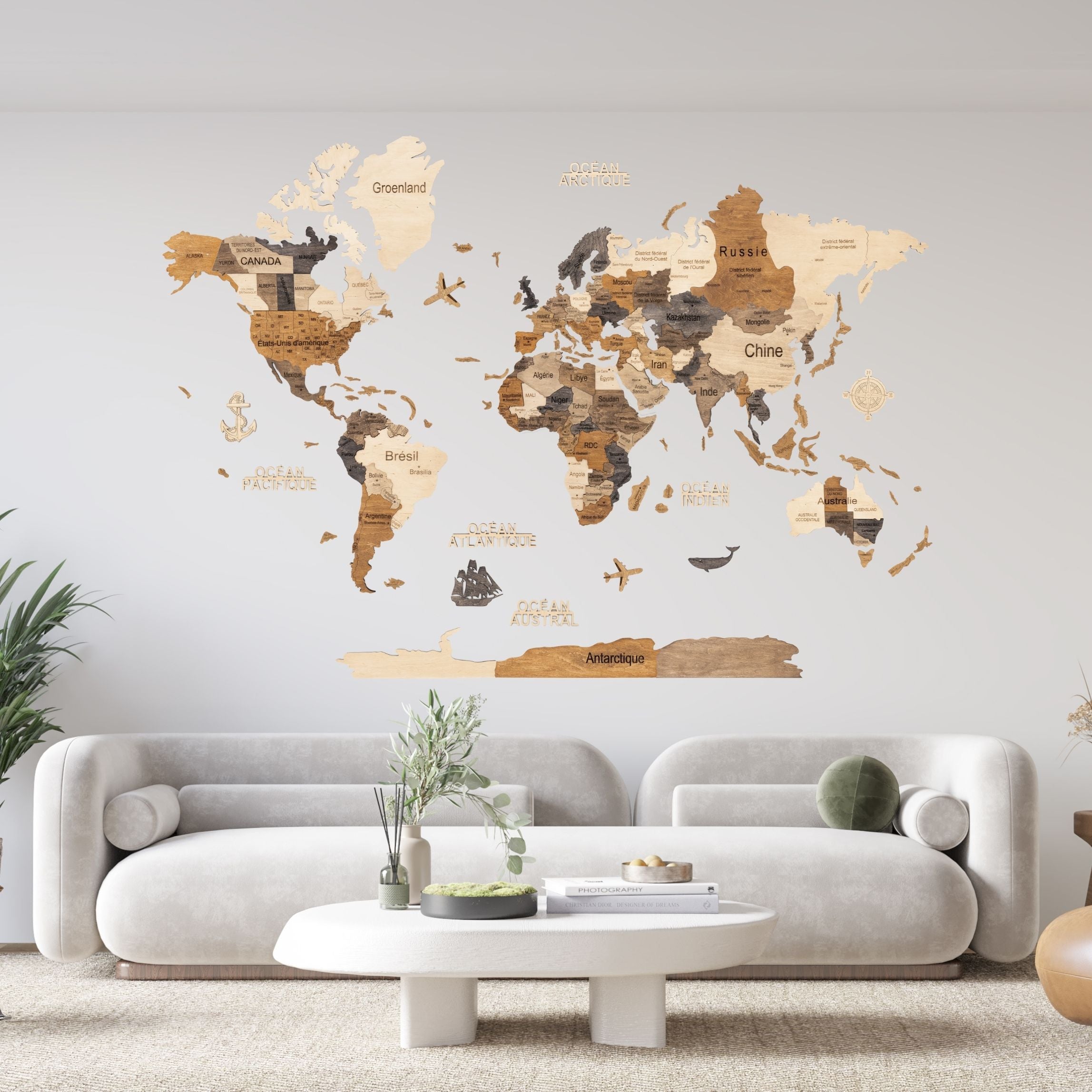 3D Wooden World Map Multicolor