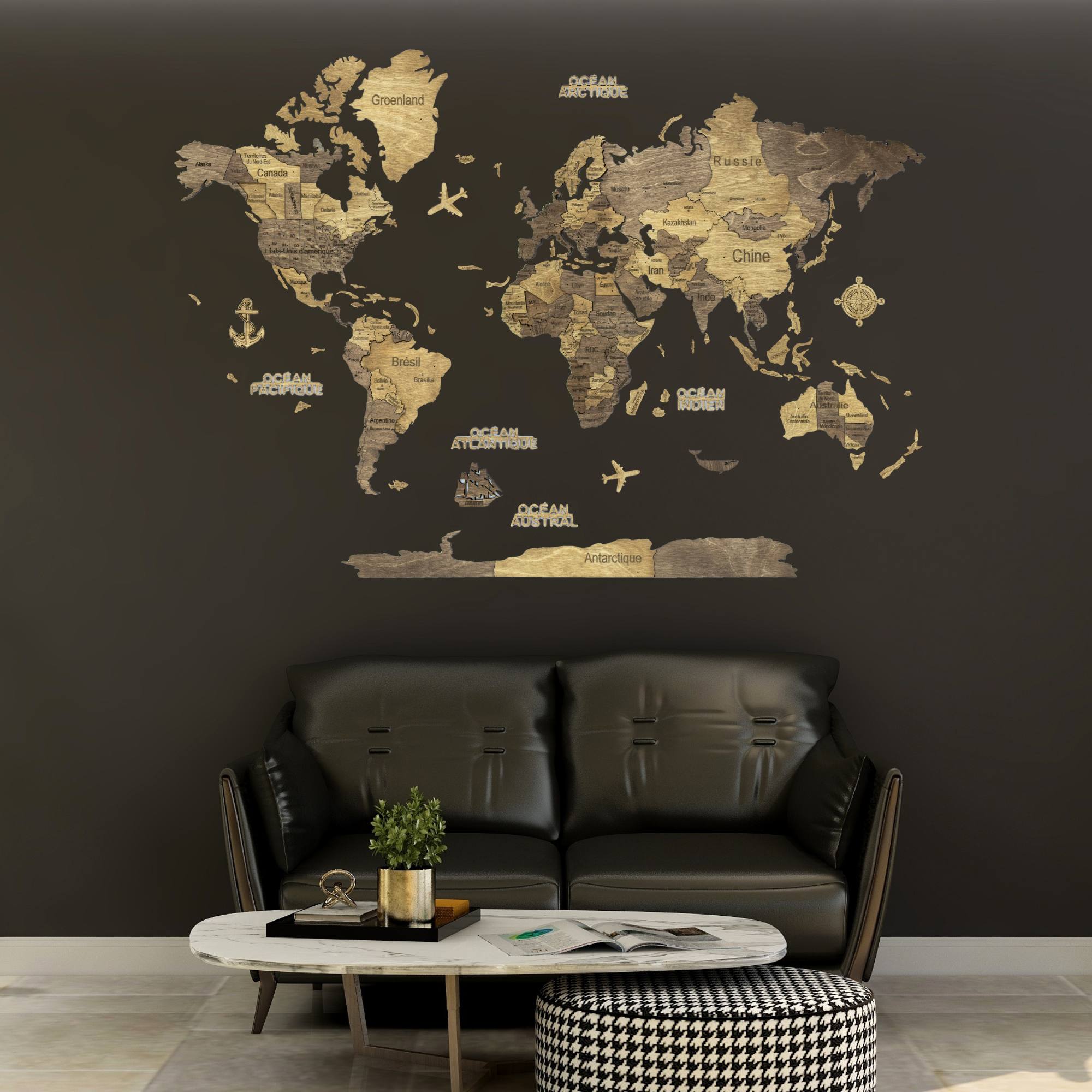 3D Wooden World Map Chocolate