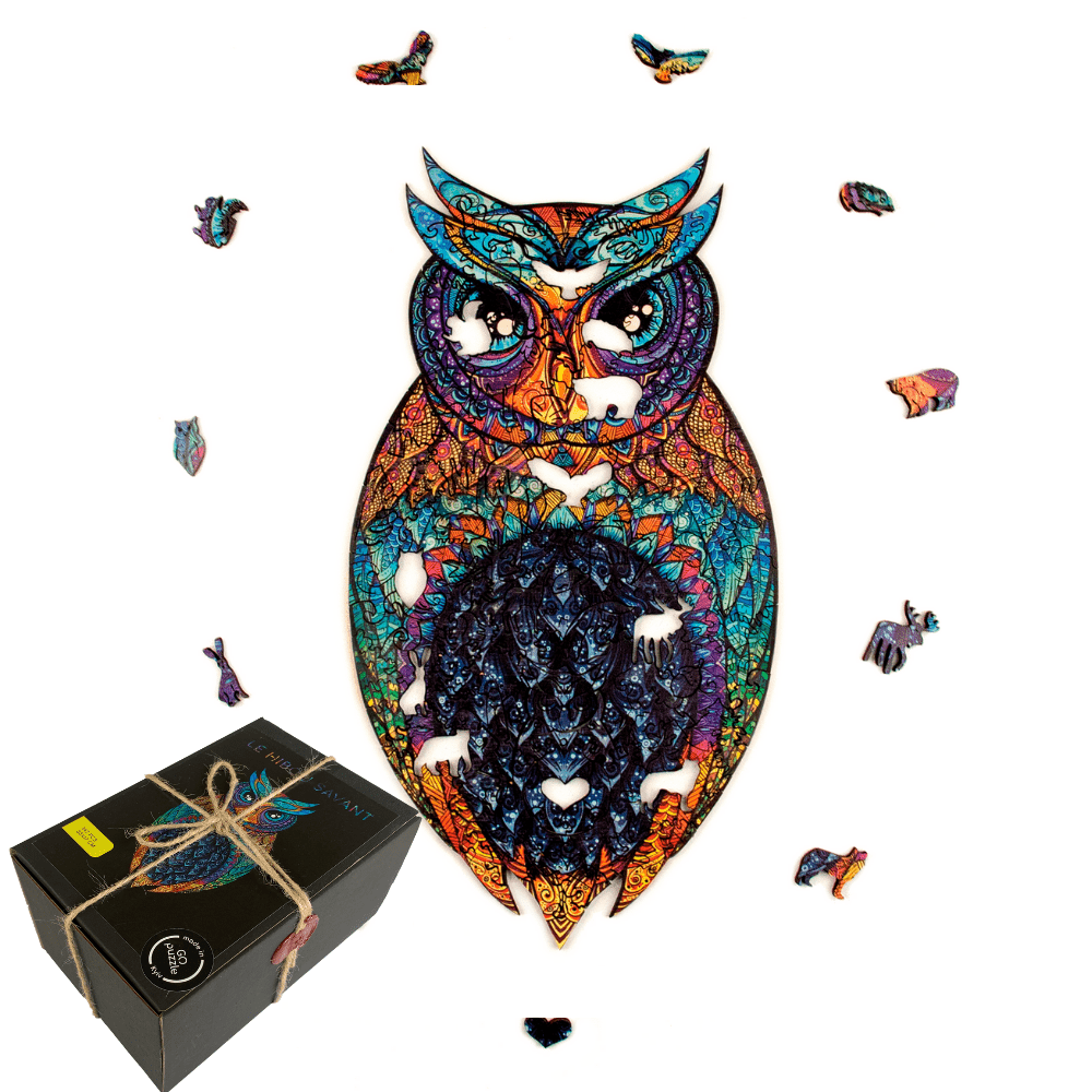 Colorful owl-shaped puzzle with pieces scattered around and a black box on a white background #Box_Cardboard box