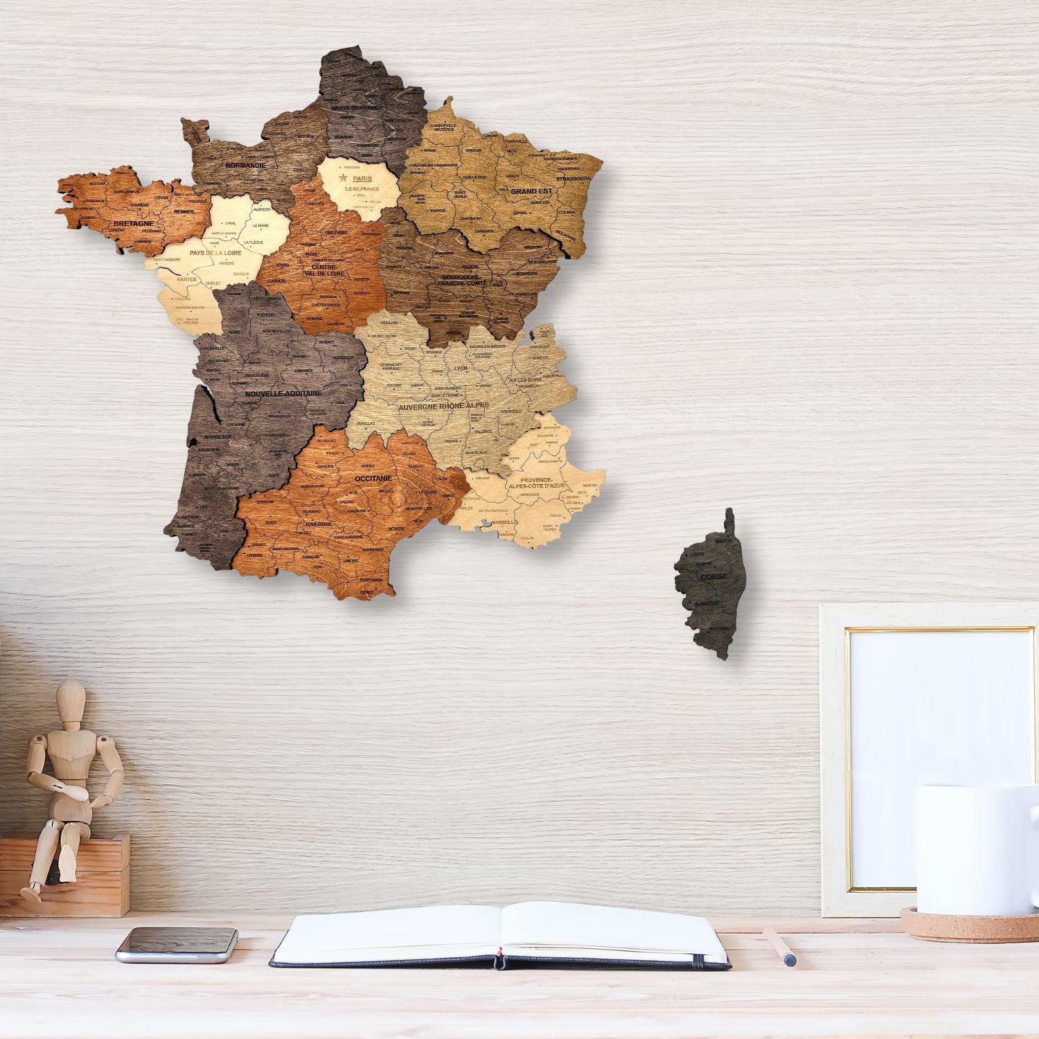 Multicolor 3D wooden map of France
