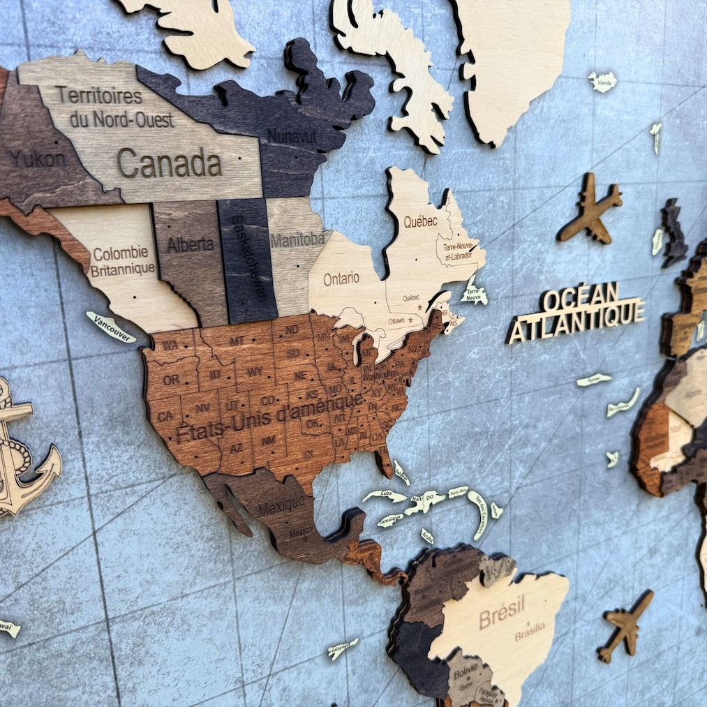 3D Wooden World Map Multicolor – Framed Panel