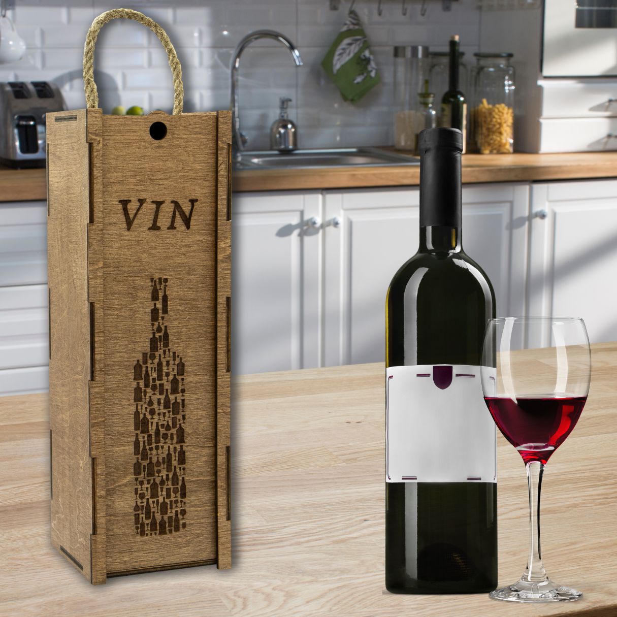 Wooden wine box with cord "Bottle"