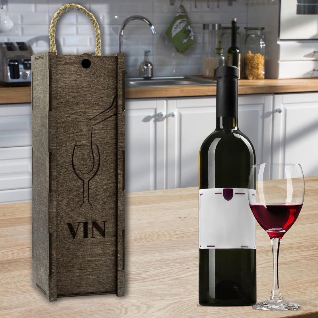 Wooden wine box with cord "Glass"