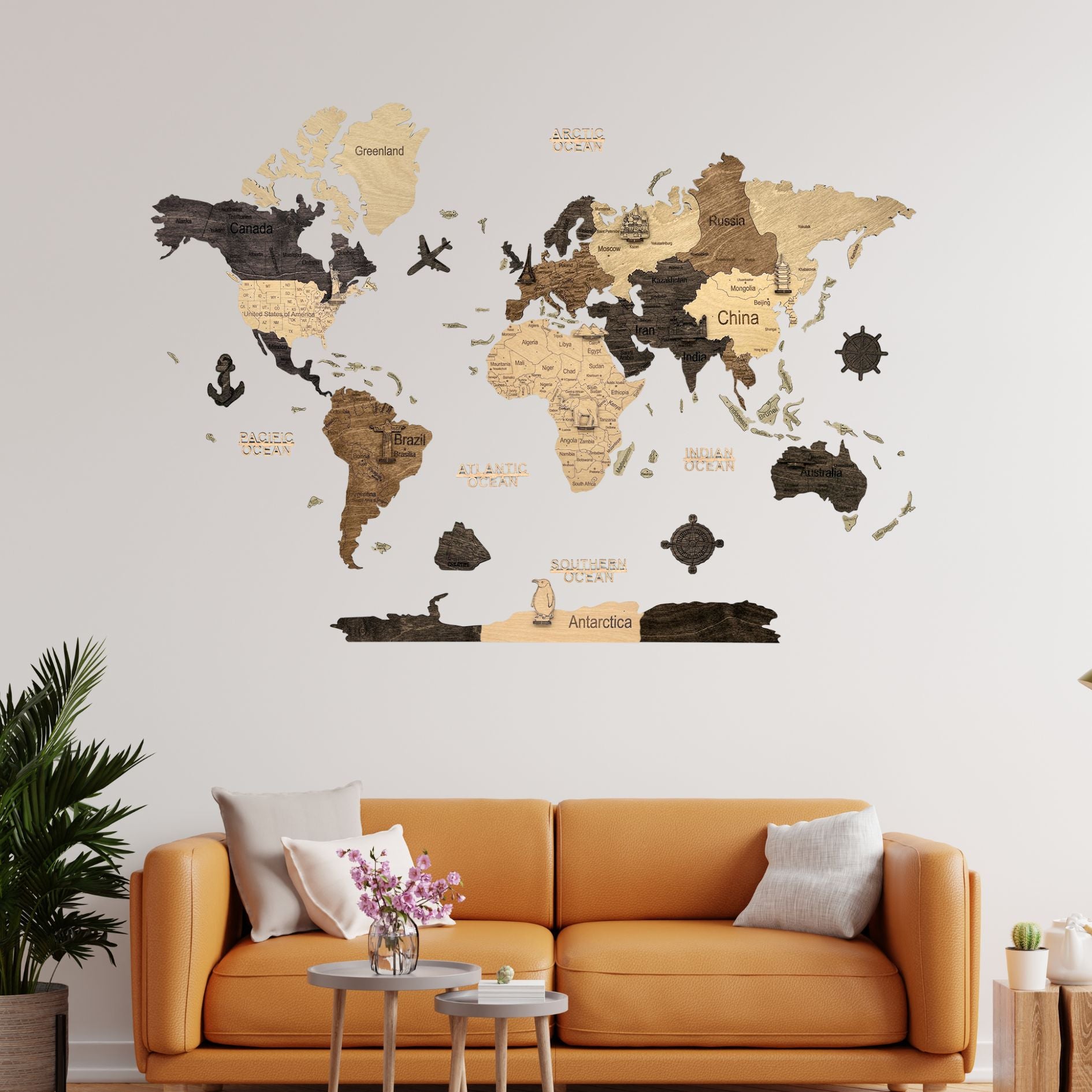 2D Multicolor Wooden World Map