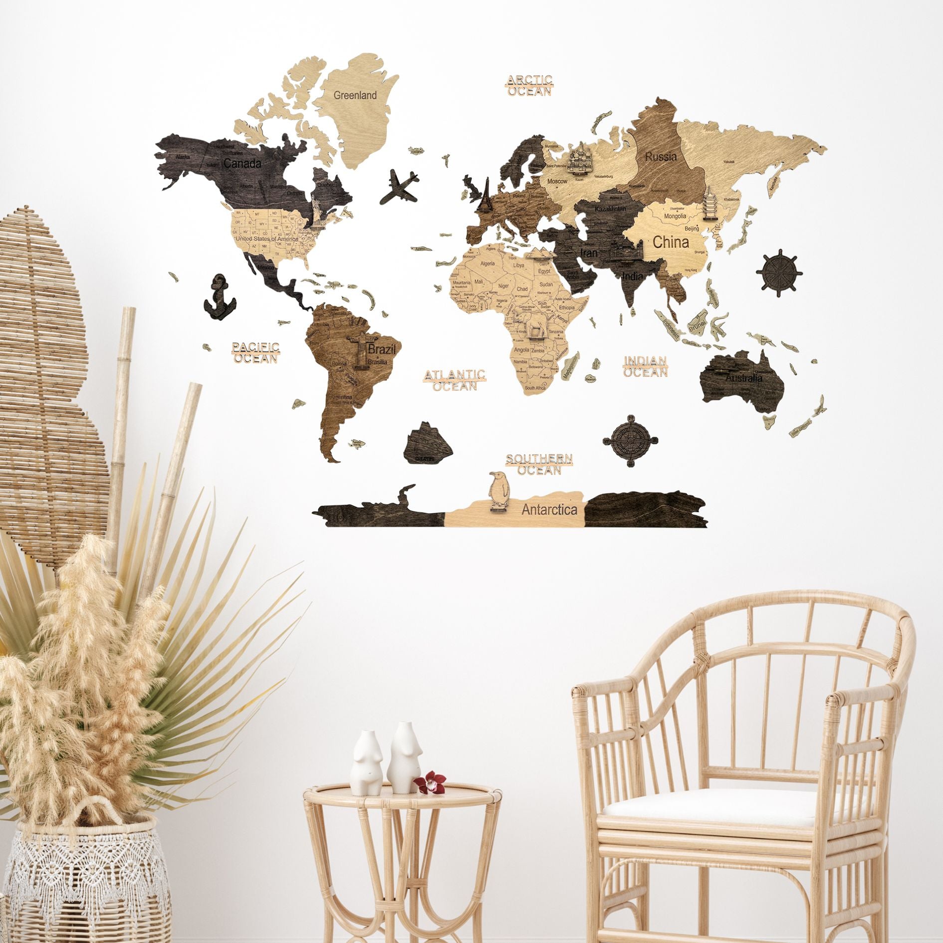 2D Multicolor Wooden World Map
