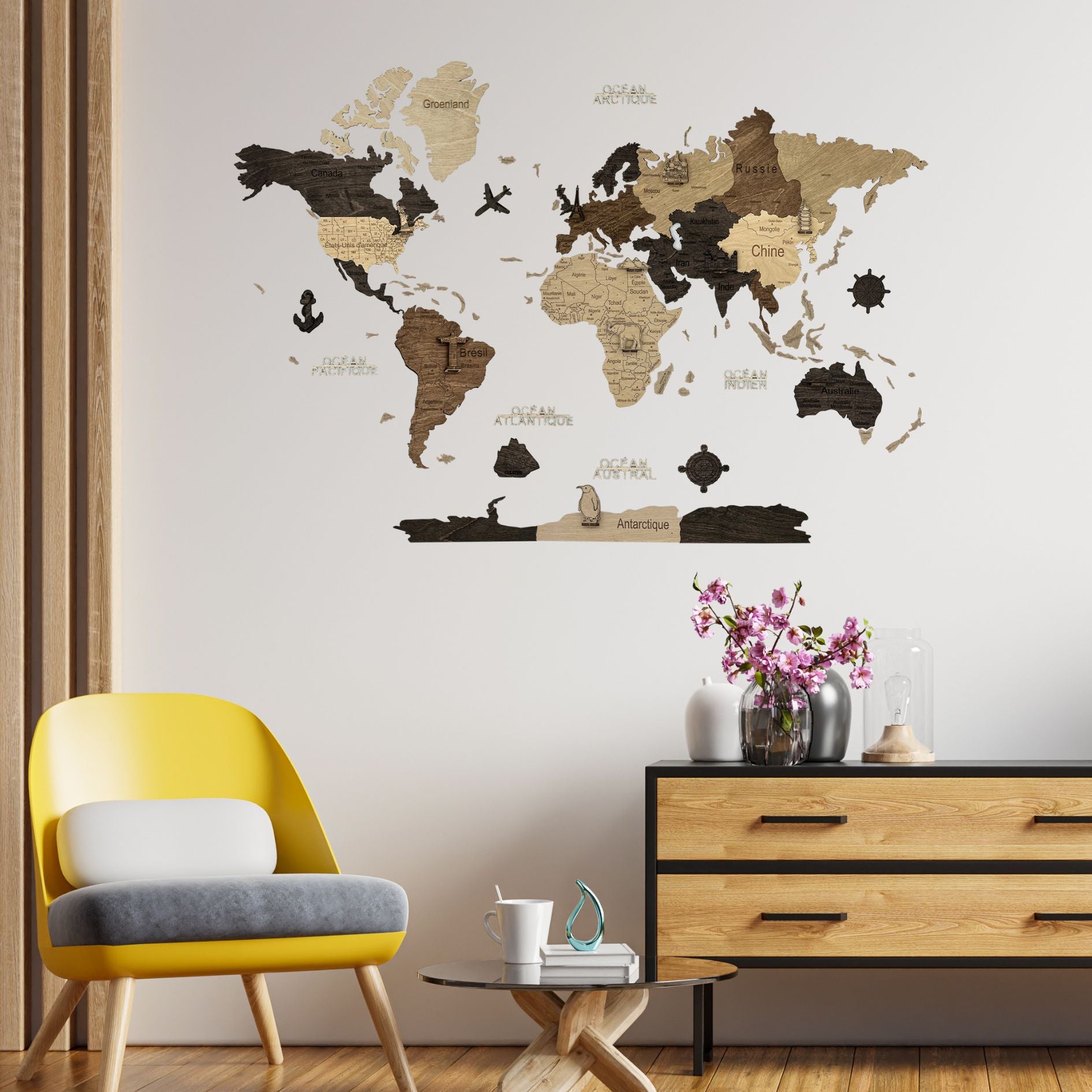 2D Multicolor Wooden World Map
