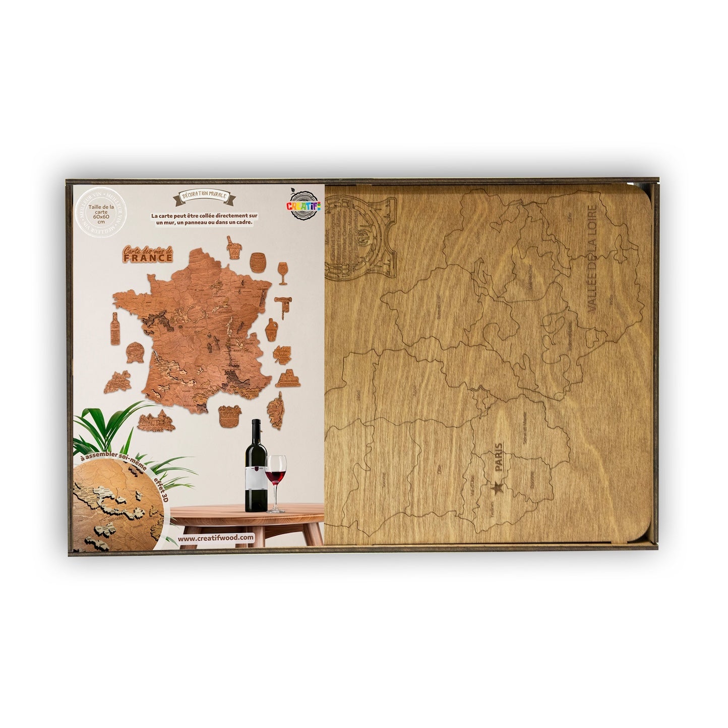 Wooden wine map of France ( 58*58 cm)