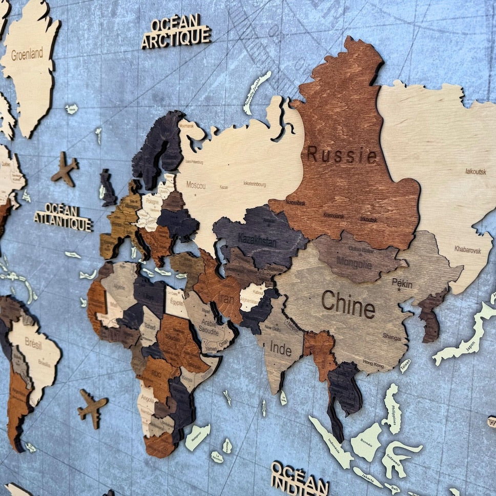 3D Wooden World Map Multicolor – Framed Panel