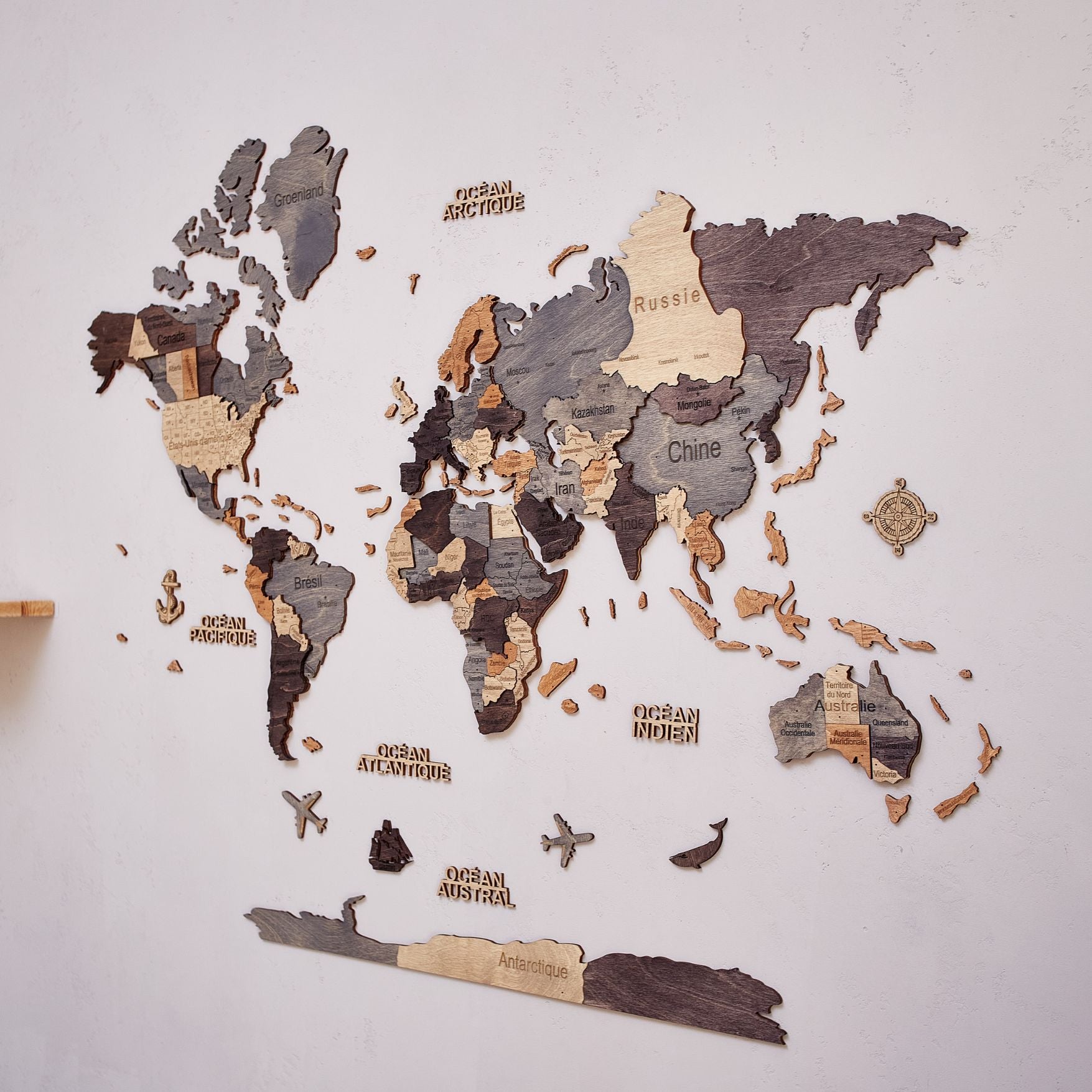 3D Wooden World Map Graphite