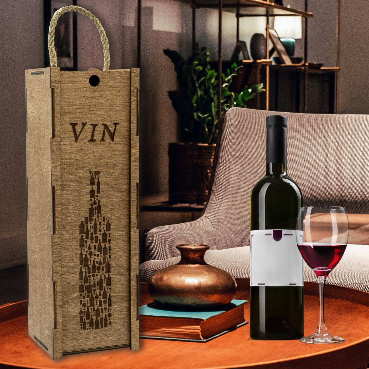 Wooden wine box with cord "Bottle"