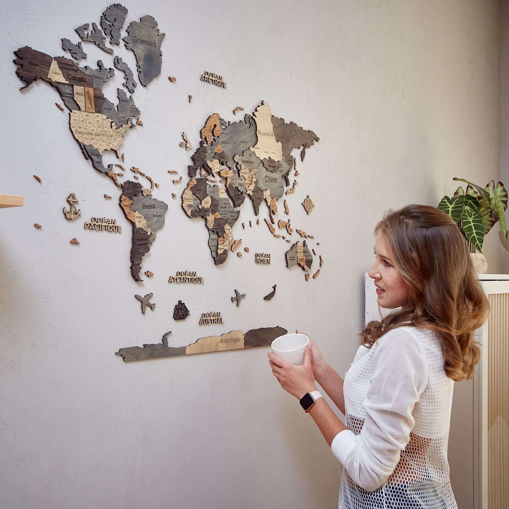 3D Wooden World Map Graphite