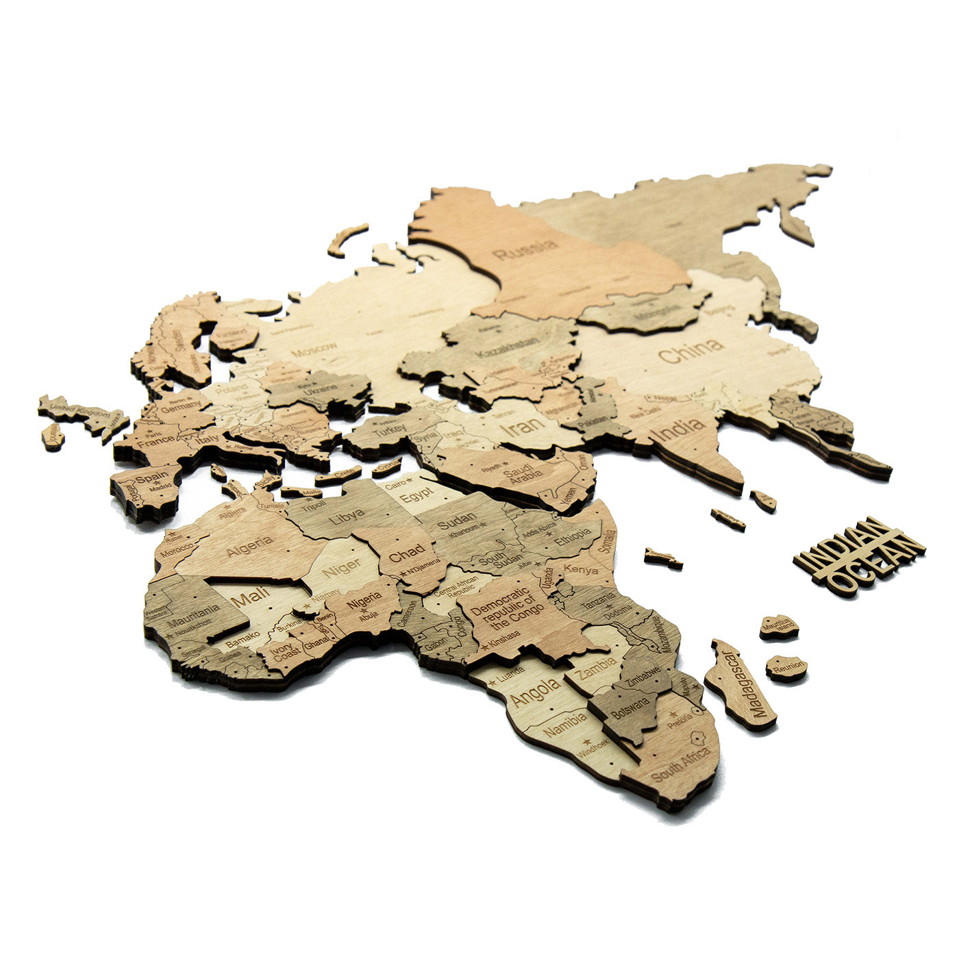 A 3D wooden world map wall art piece featuring laser-engraved country names and borders, shown on a clean white background #Map language_English