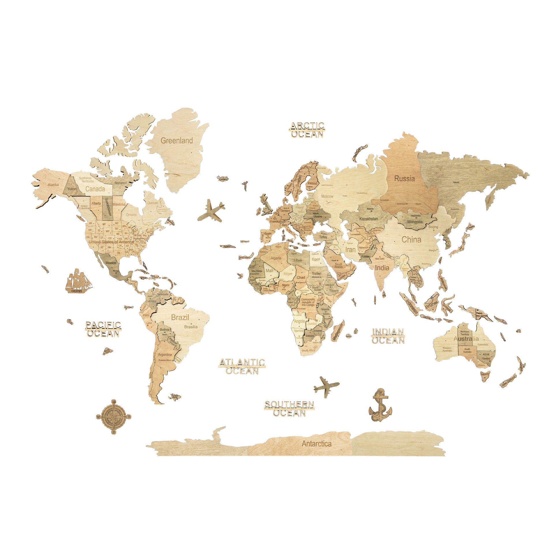 A wooden world map wall art piece with engraved continents, oceans, country names, compass rose, ships, and airplanes, shown on a plain white background #Map language_English