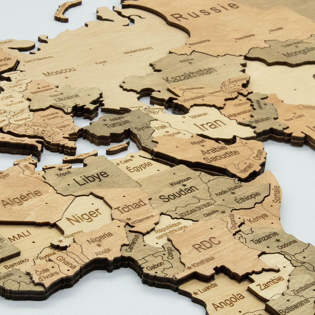 A close-up of a wooden world map wall art piece focusing on Africa and surrounding regions, with engraved country names and layered wood pieces on a light neutral background #Map language_French