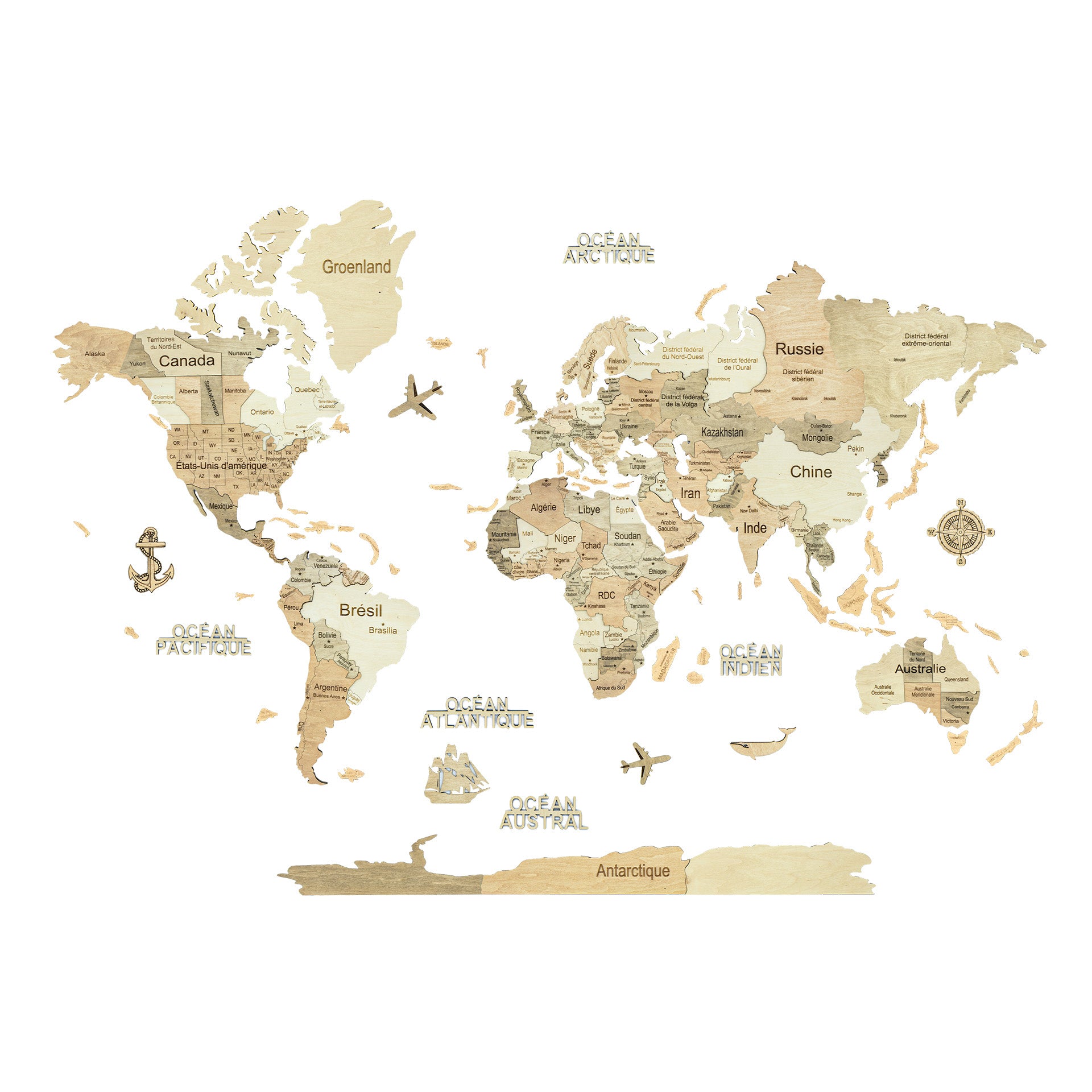 A vintage-style wooden world map wall art print featuring continents in warm beige and tan tones with black outlines, labeled country names in French, and small decorative nautical and travel-themed illustrations on a white background #Map language_French