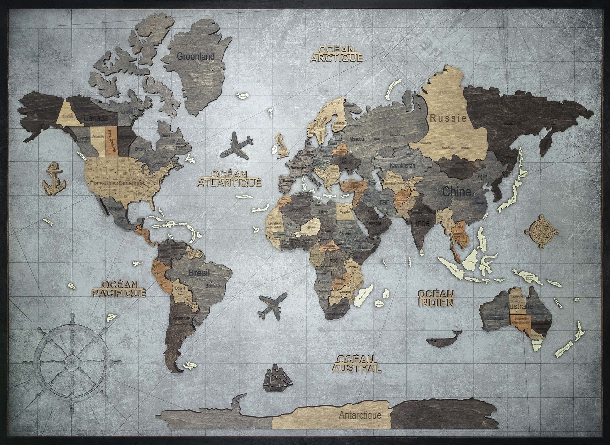 3D Wooden World Map Graphite – Framed Panel
