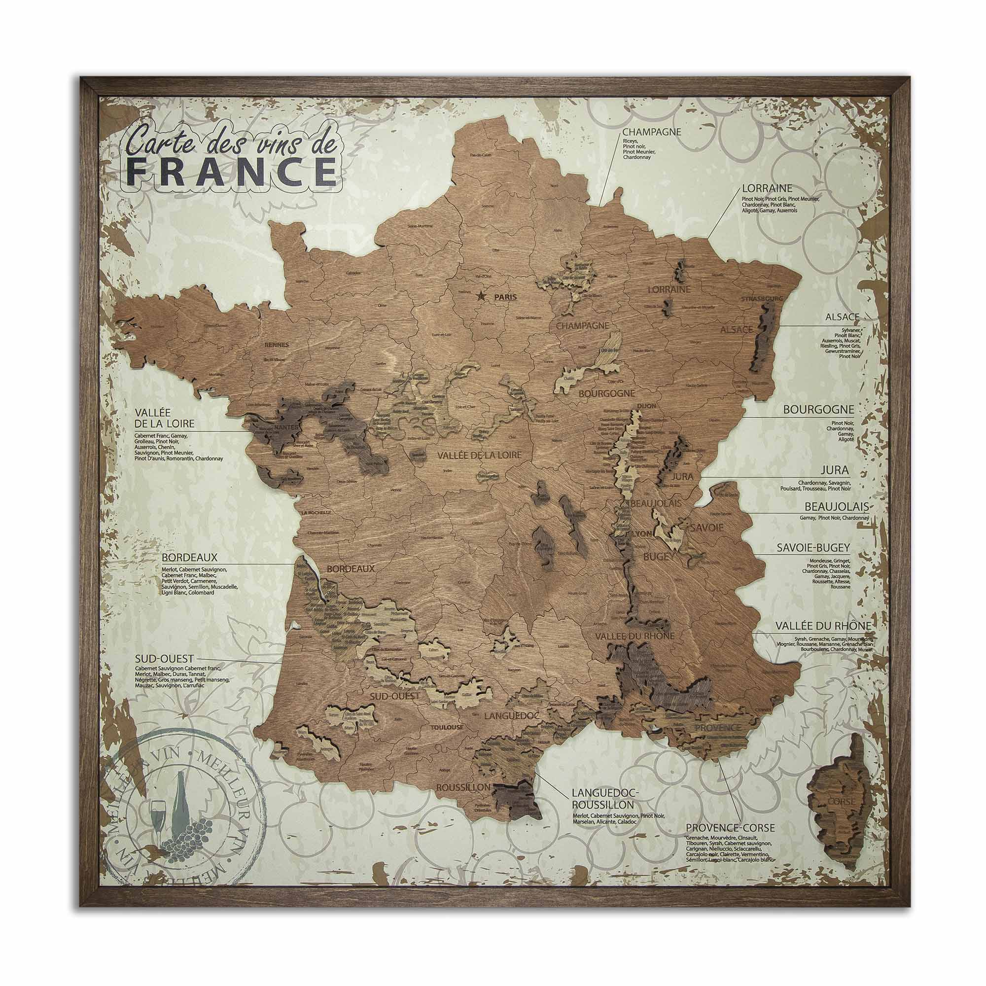 France Wine Map on White Panel