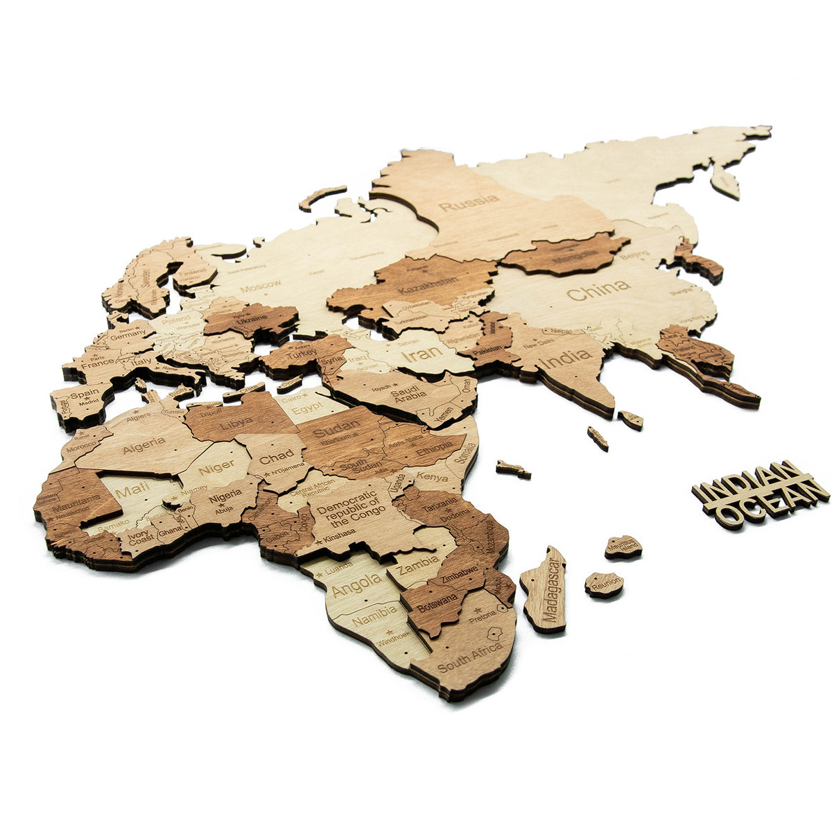 Carte du monde en bois 3D Ambrée
